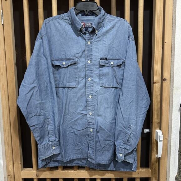 Chaps Ralph Lauren Shirt Mens Large Blue Denim Button Up Western Workwear HOLE - Picture 1 of 7